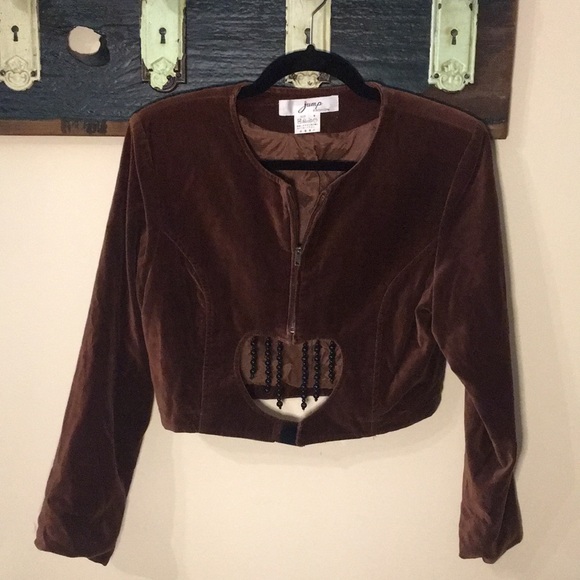 Vintage Jump Velvet Brown Jacket with Beaded Heart Cut Out Size Small - Picture 5 of 14